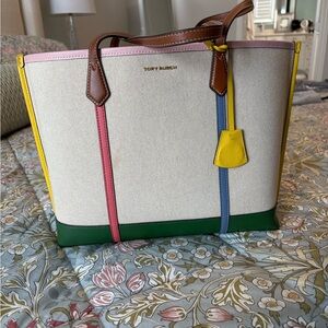 Tory Burch Cream and Multicolor Canvas Tote